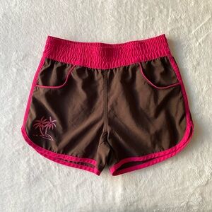 Y2K Athletic Works Brown Swim Shorts with Hot Pink Trim Size M 7/8 Boardshorts